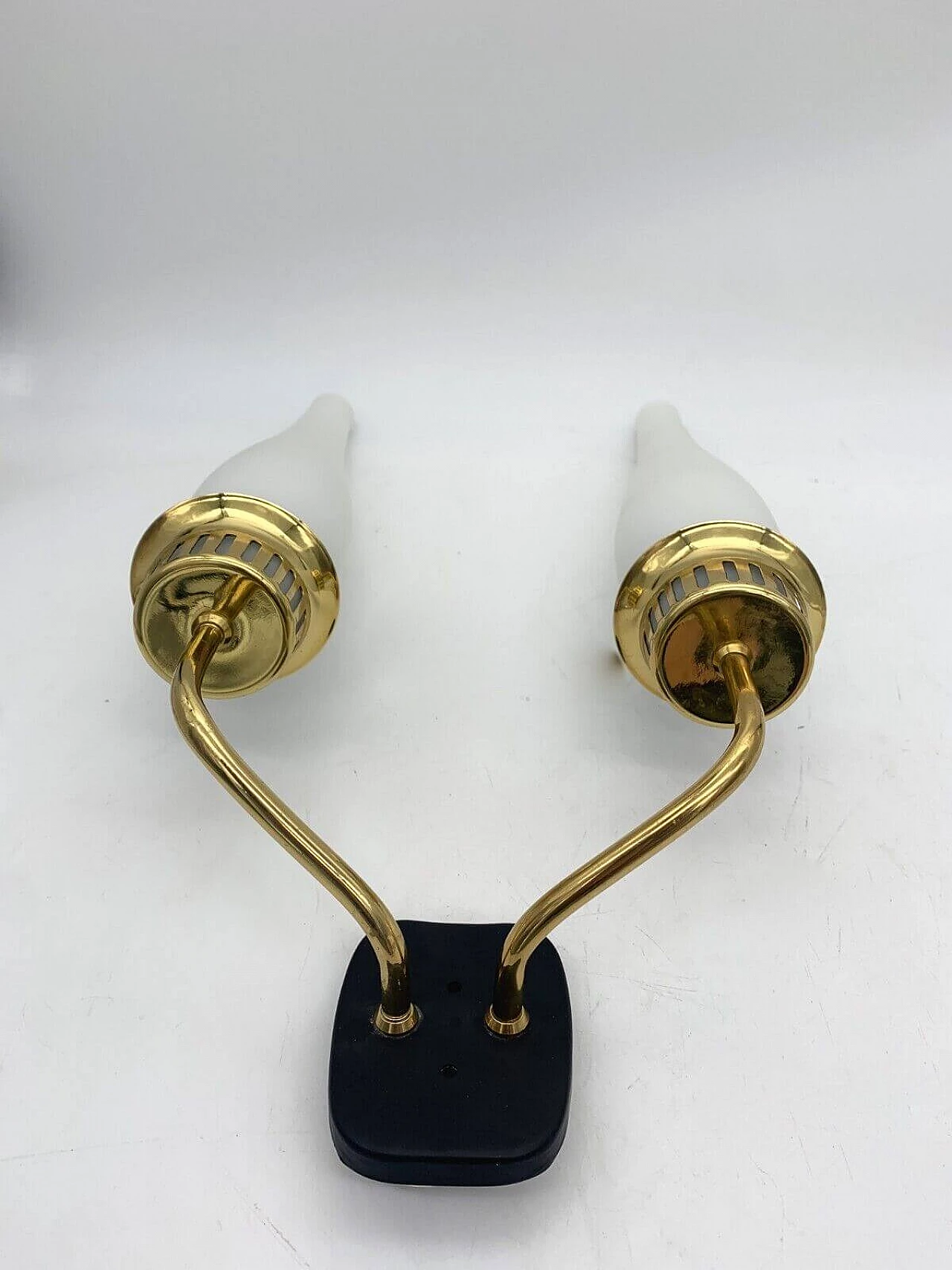 Pair of glass, iron and brass wall sconces attributed to Stilnovo, late 20th century 2
