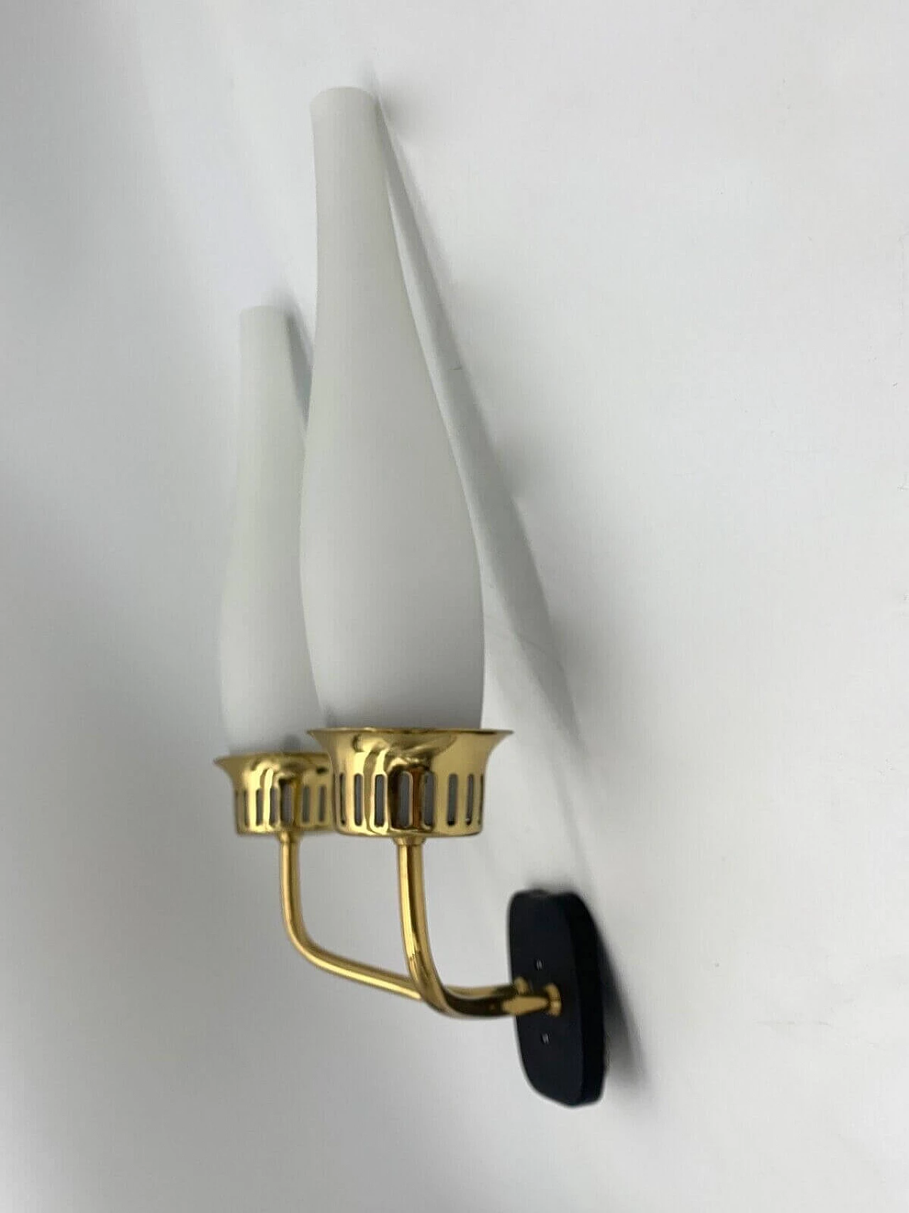 Pair of glass, iron and brass wall sconces attributed to Stilnovo, late 20th century 3
