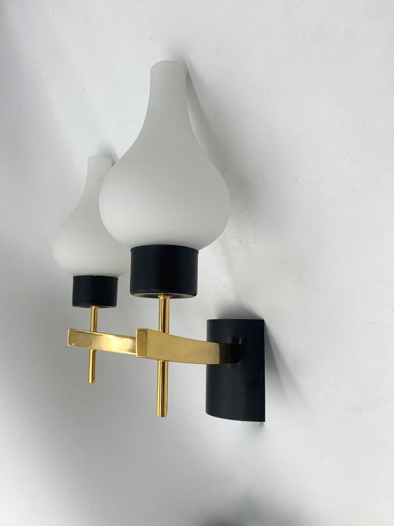 Pair of white, black and gold wall sconces attributed to Stilnovo, late 20th century 3