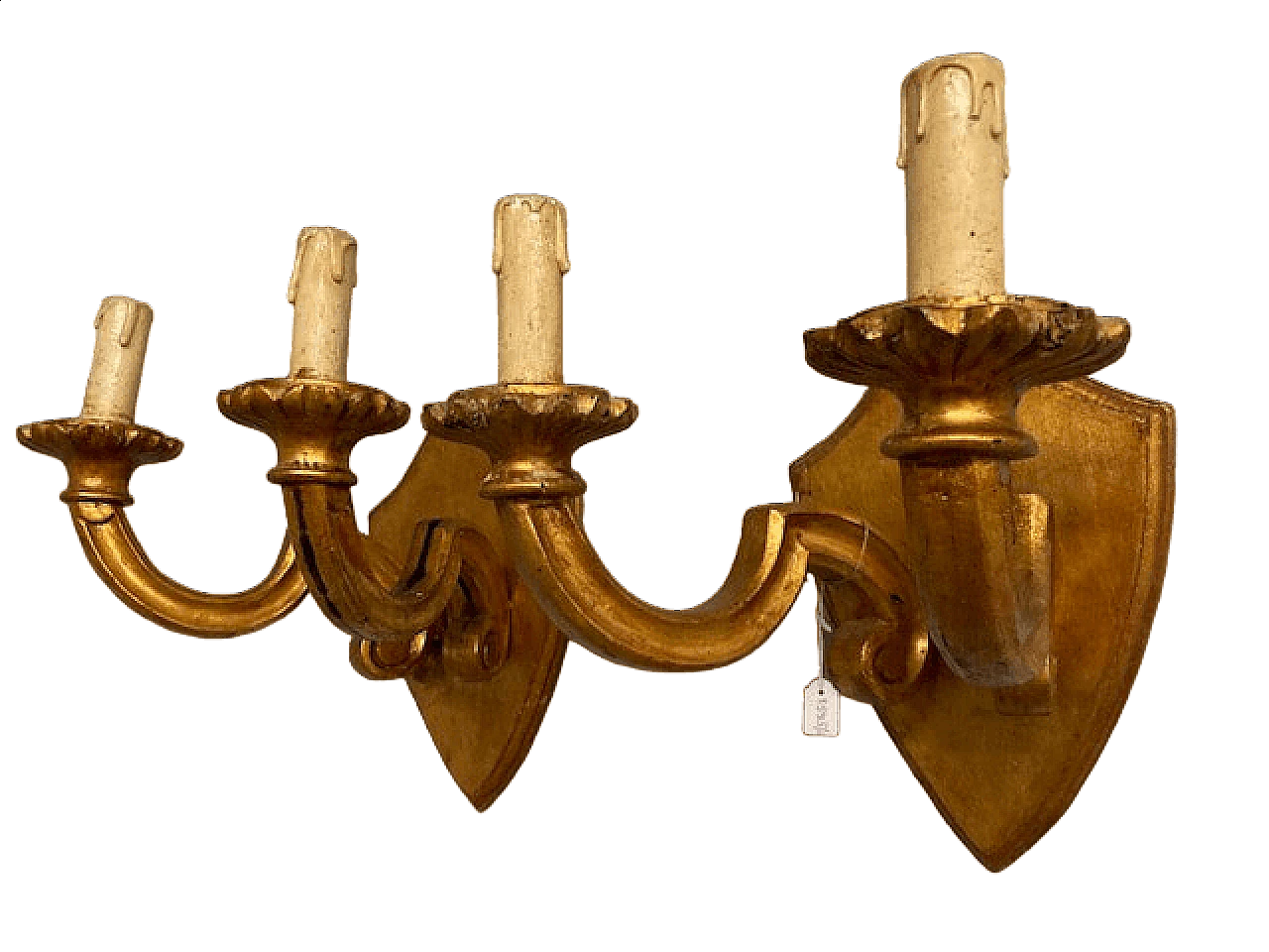 Pair of two-light carved and gilded wood wall lamps, 19th century 14