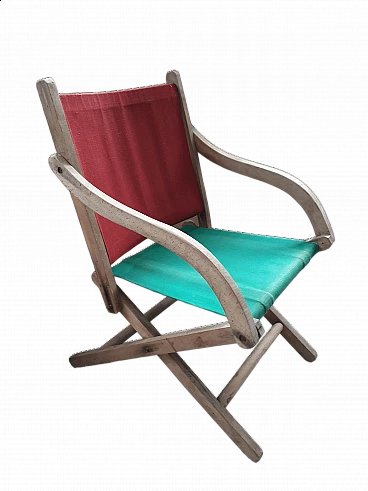 Wood, red and green canvas and jute folding armchair, 1930s