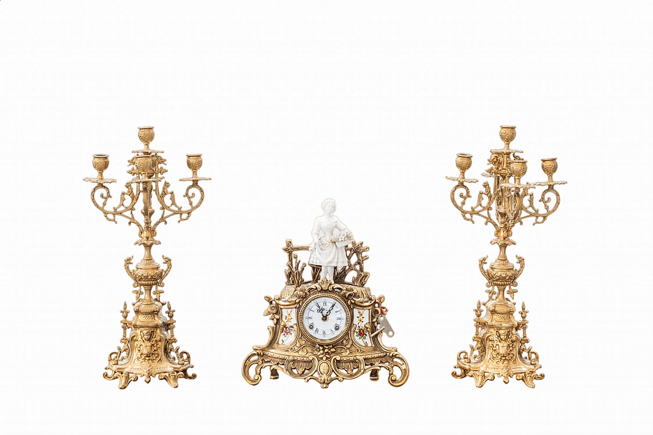 Brass and ceramic triptych with clock and candelabra by Lancini, 1970s 34