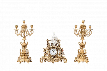 Brass and ceramic triptych with clock and candelabra by Lancini, 1970s