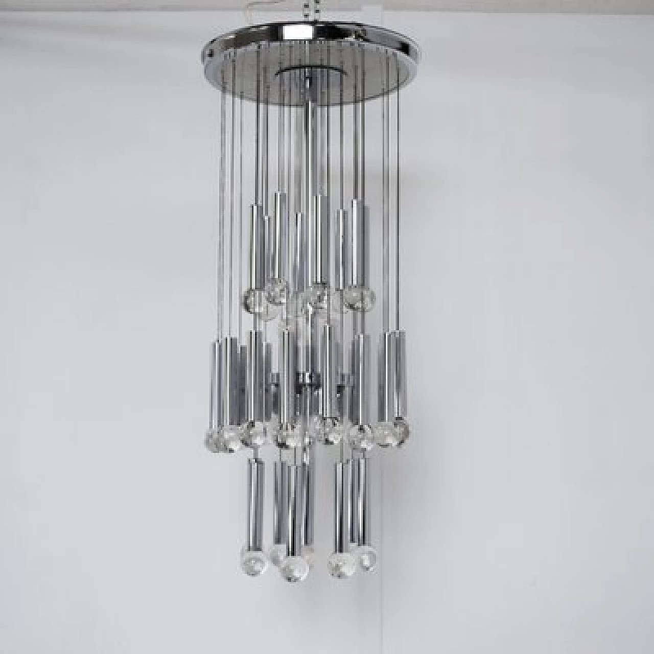 Lampadario in acciaio e vetro di Gaetano Sciolari per Sciolari, anni '60 1