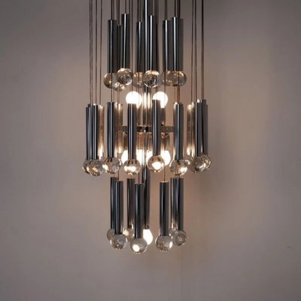 Lampadario in acciaio e vetro di Gaetano Sciolari per Sciolari, anni '60 6