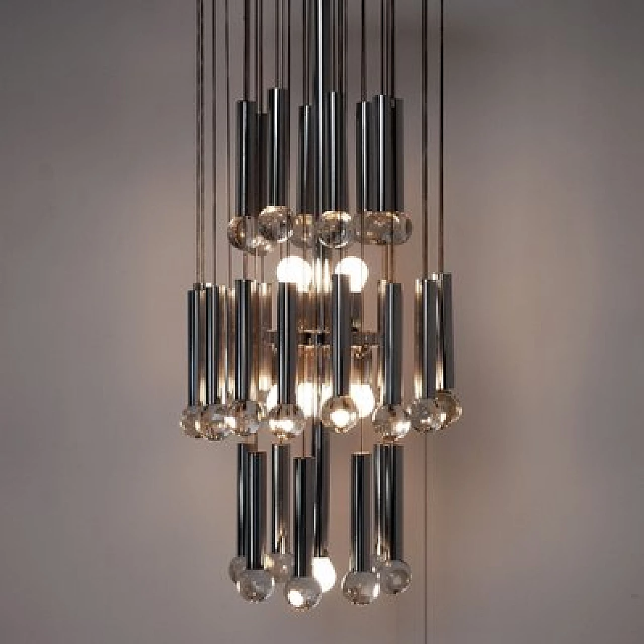 Lampadario in acciaio e vetro di Gaetano Sciolari per Sciolari, anni '60 8