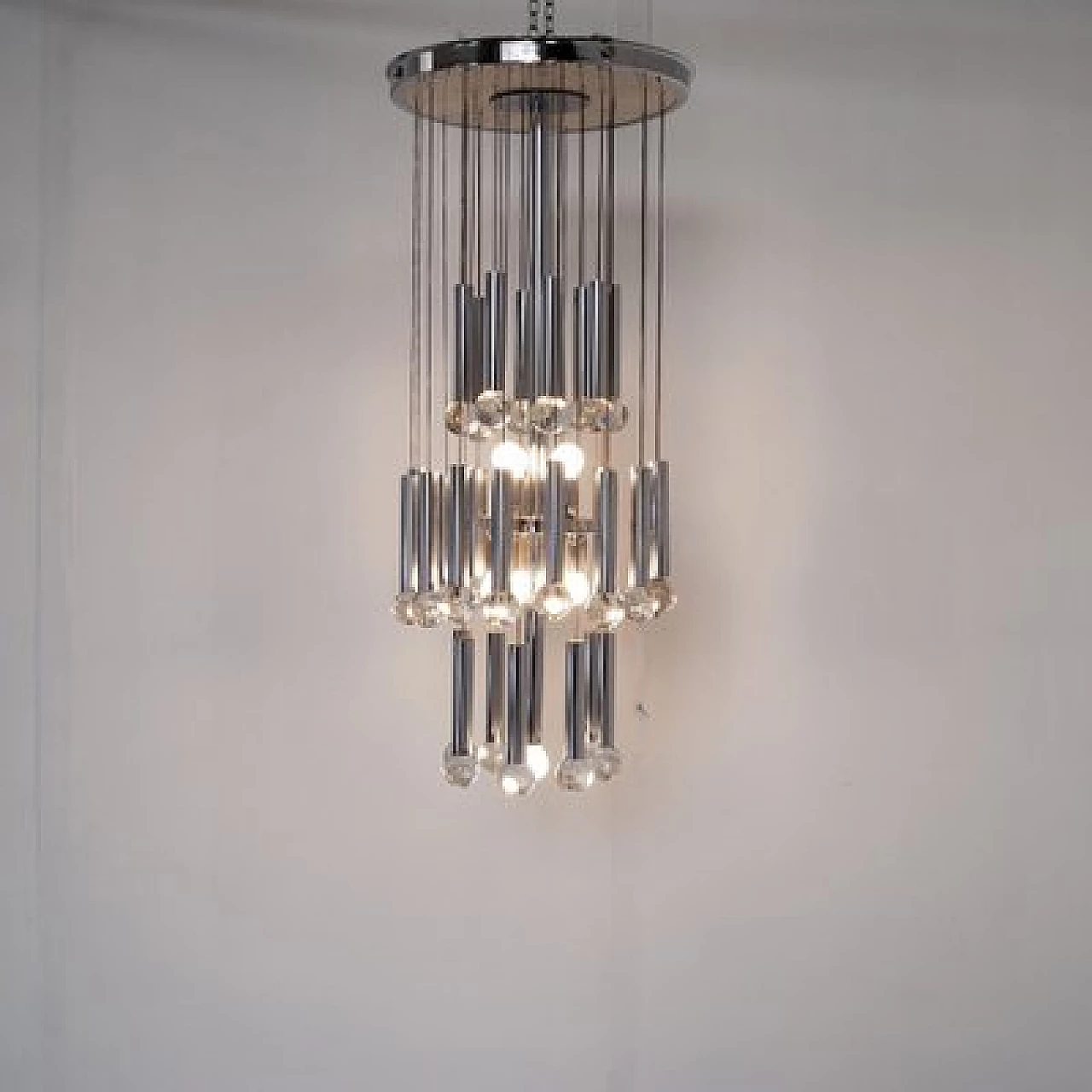 Lampadario in acciaio e vetro di Gaetano Sciolari per Sciolari, anni '60 13