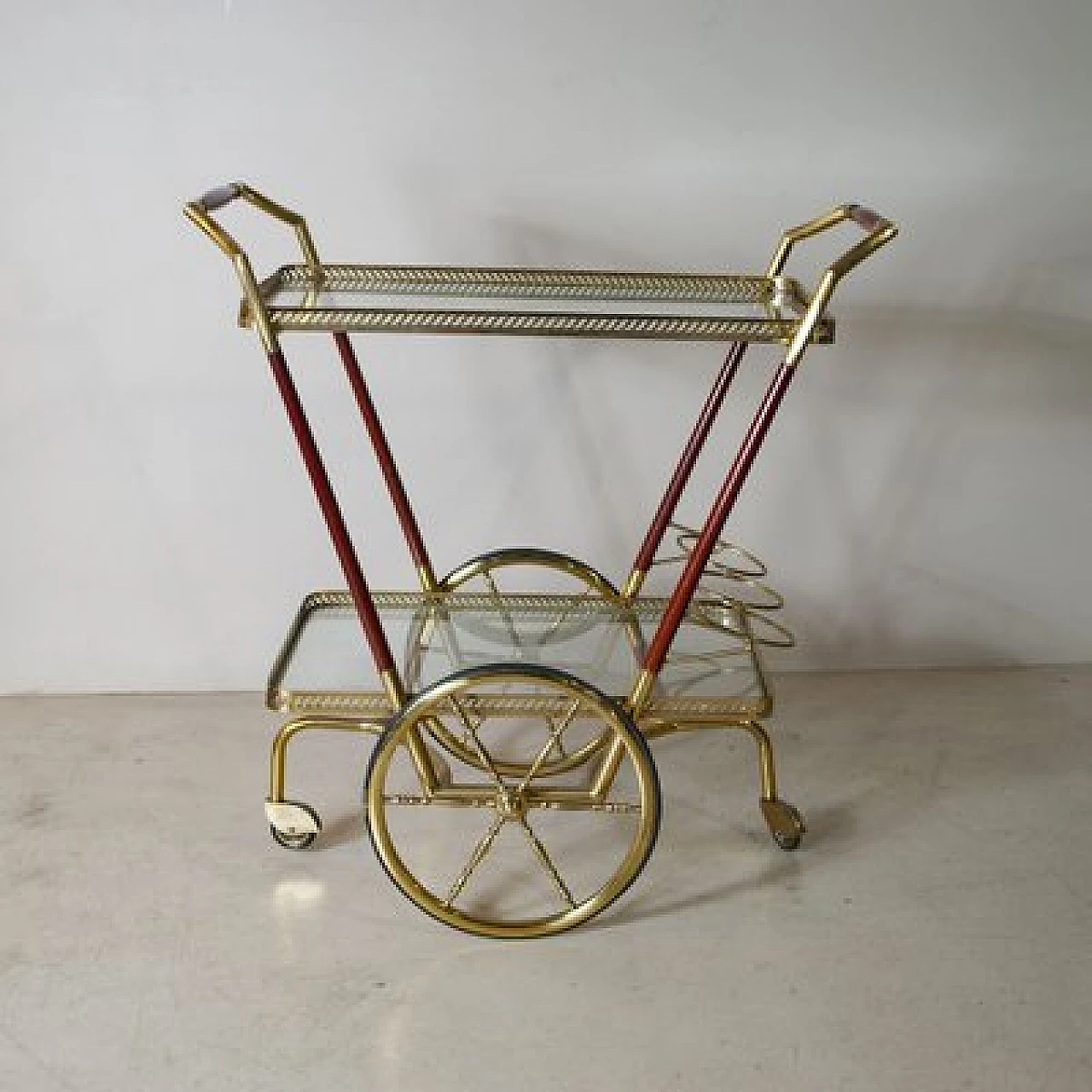 Brass and cherry wood bar cart with glass shelves, 1950s 2