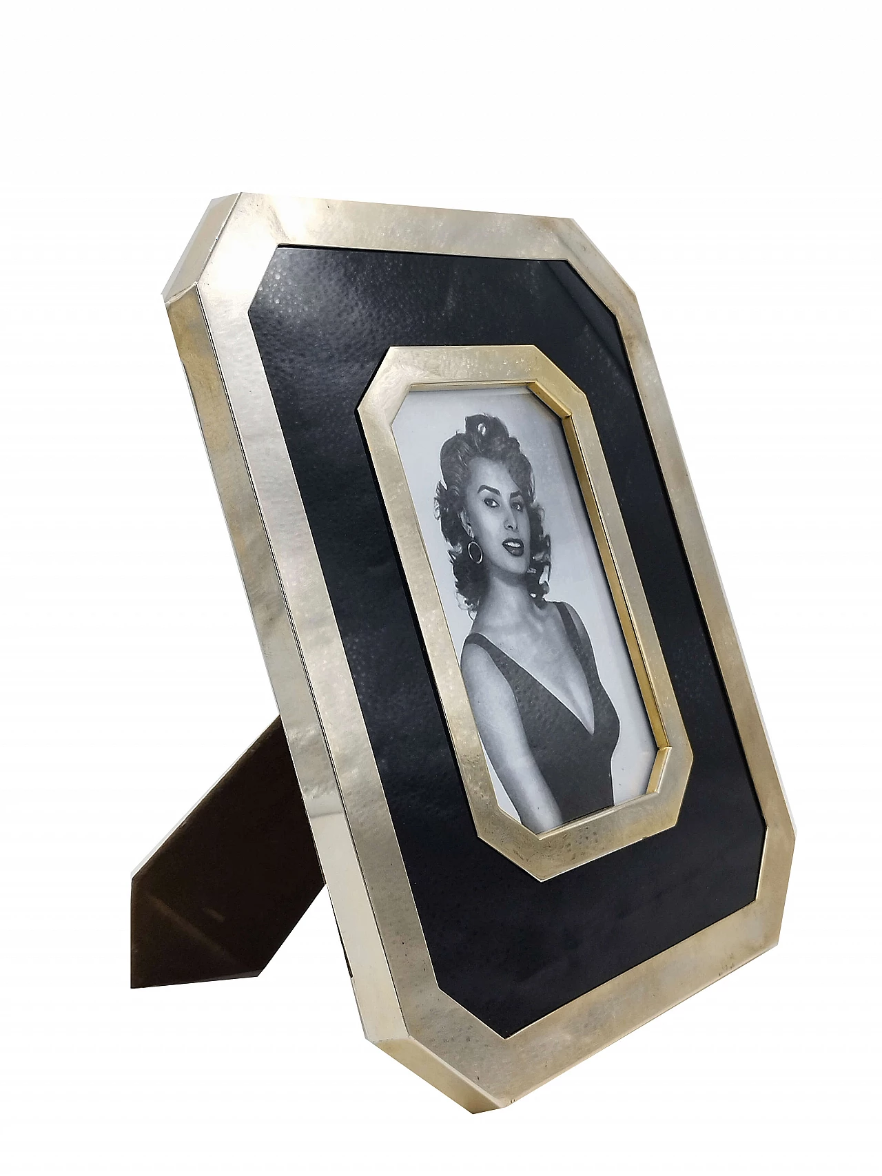 Gucci style black lacquer and brass photo frame, 1970s 1