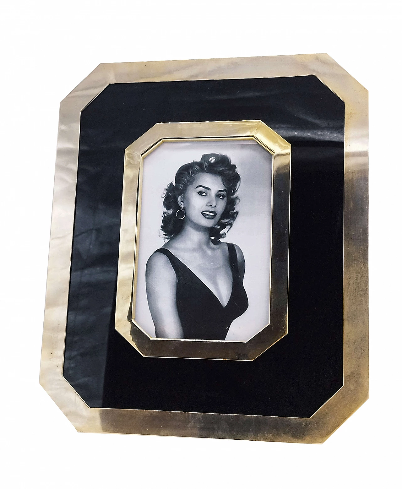 Gucci style black lacquer and brass photo frame, 1970s 3