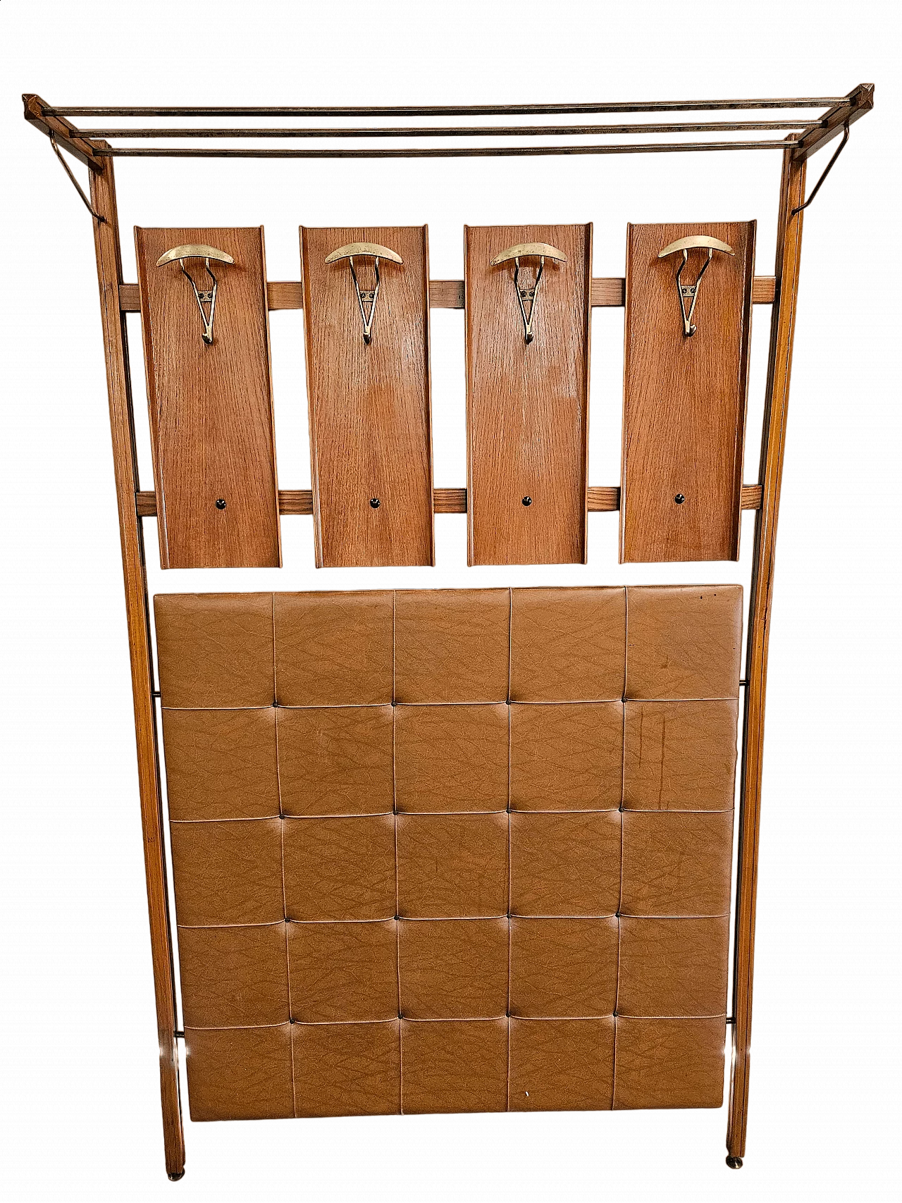 Wall-mounted coat rack in wood, brass and skai, 1950s 30