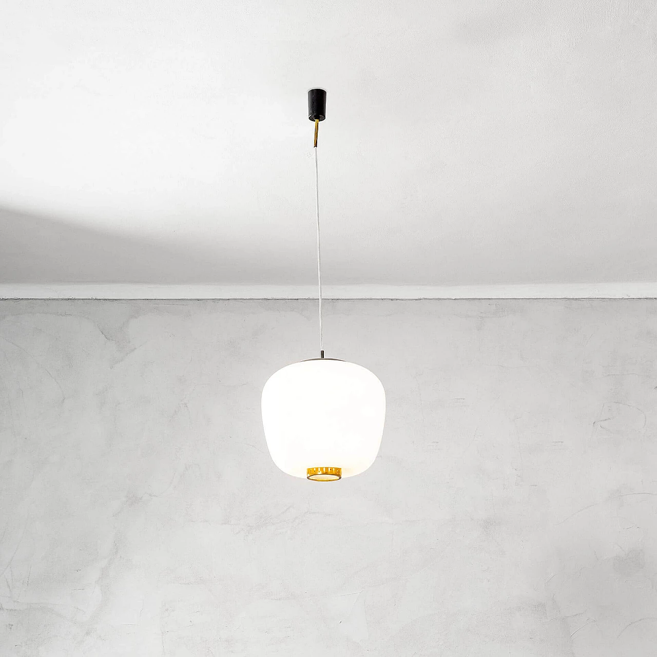 Suspension lamp with opaline glass shade and brass details by Stilnovo, 1950s 2
