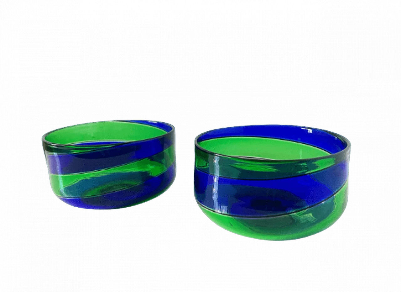 Pair of blue and green glass bowls by Fulvio Bianconi for Venini, 1990s 9