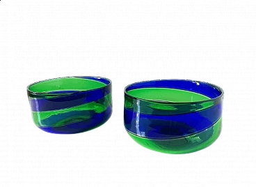 Pair of blue and green glass bowls by Fulvio Bianconi for Venini, 1990s