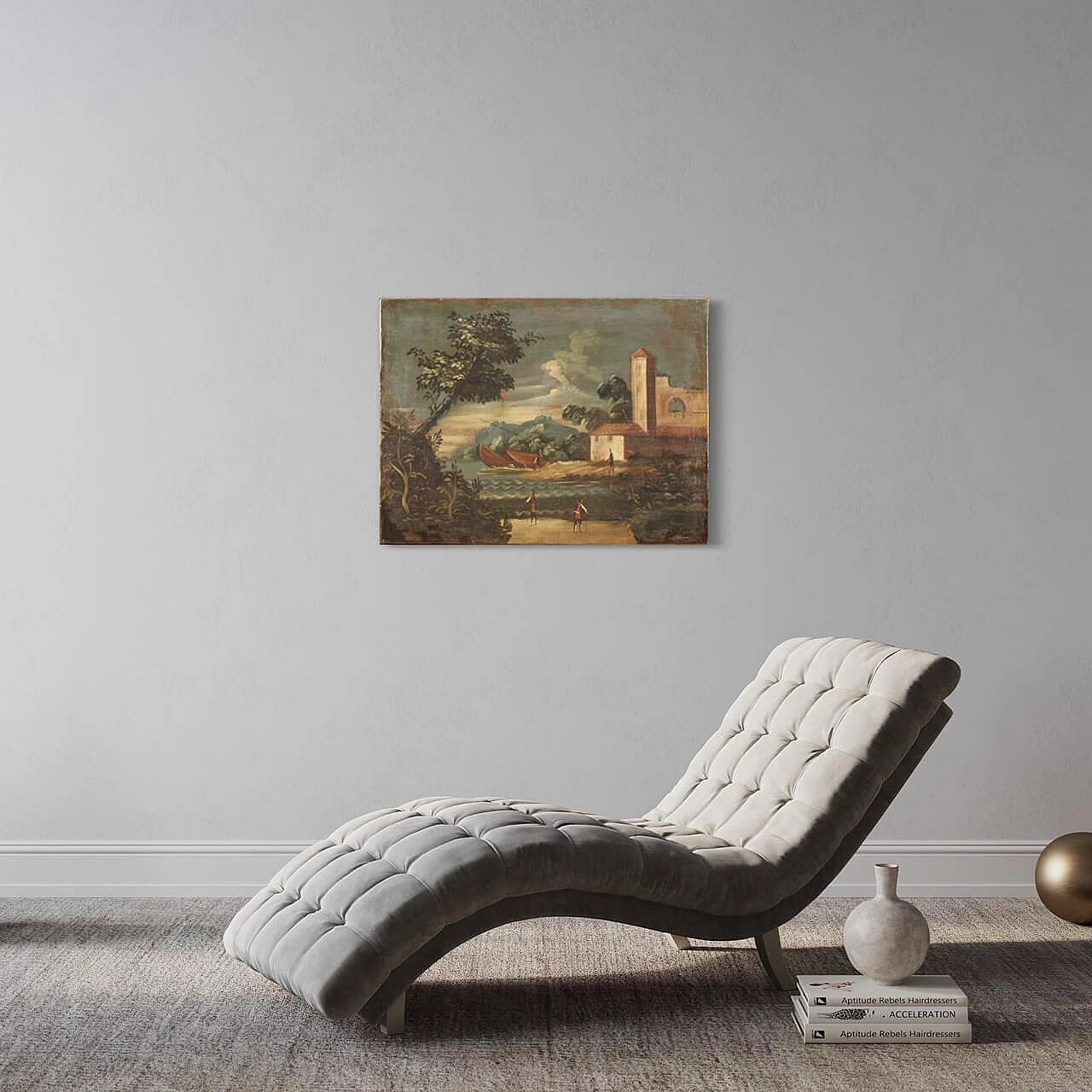 Paesaggio marittimo con edifici e figure, dipinto a olio su tela, '700 1