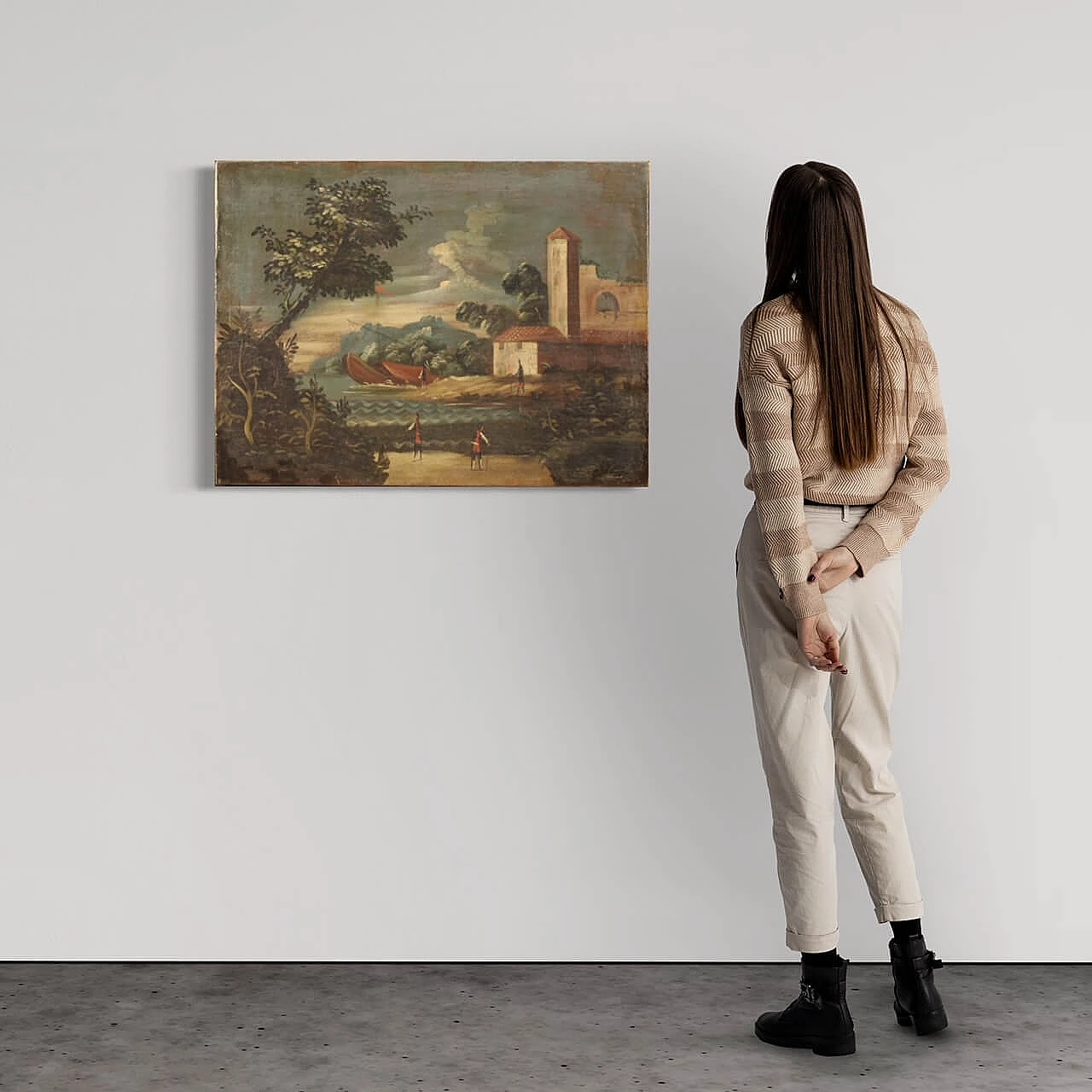 Paesaggio marittimo con edifici e figure, dipinto a olio su tela, '700 3