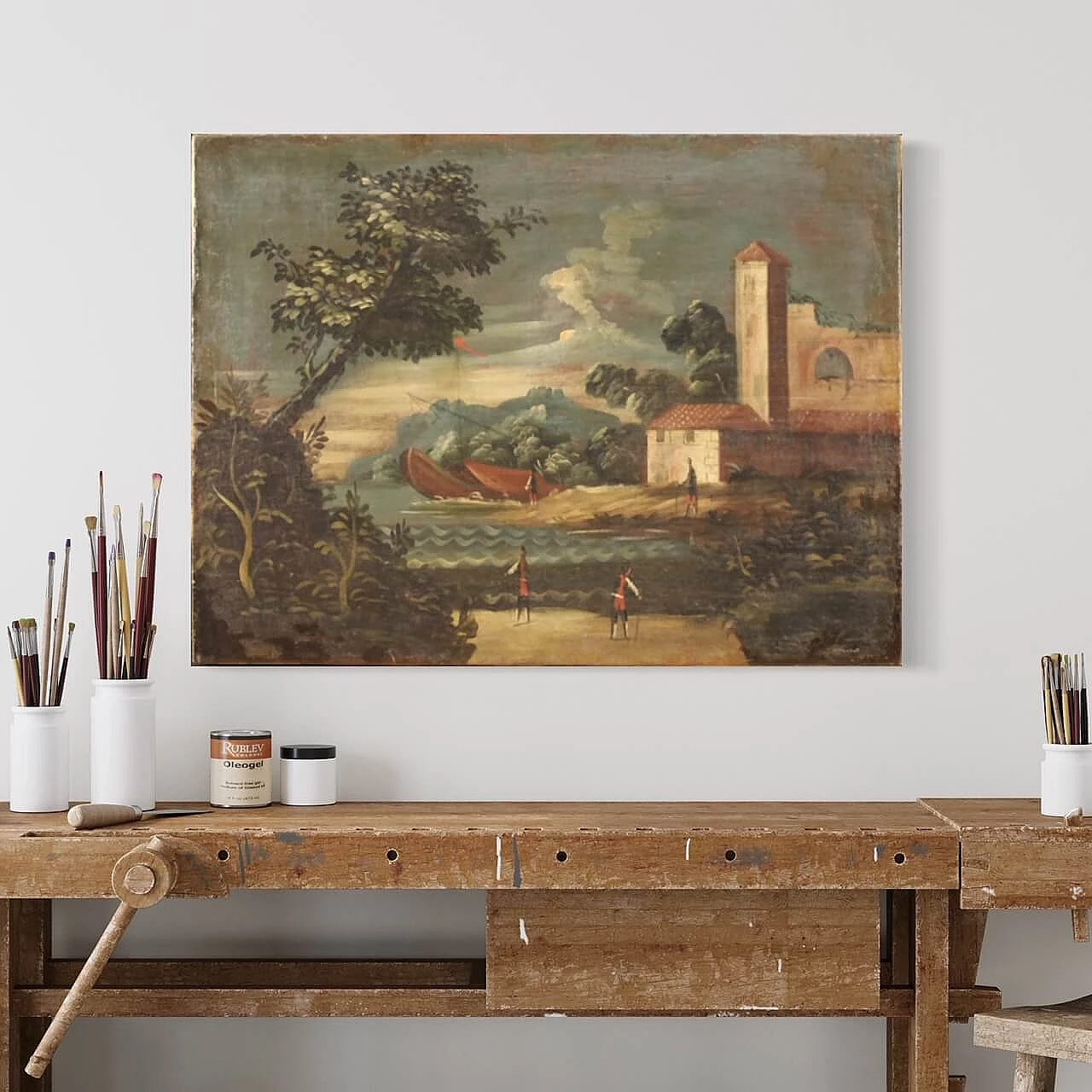 Paesaggio marittimo con edifici e figure, dipinto a olio su tela, '700 4