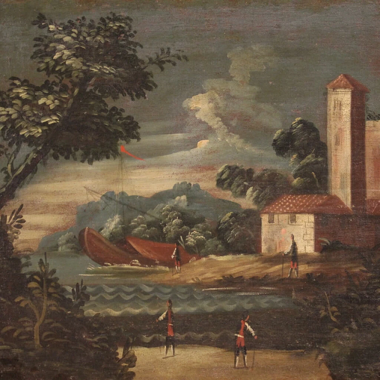 Paesaggio marittimo con edifici e figure, dipinto a olio su tela, '700 5