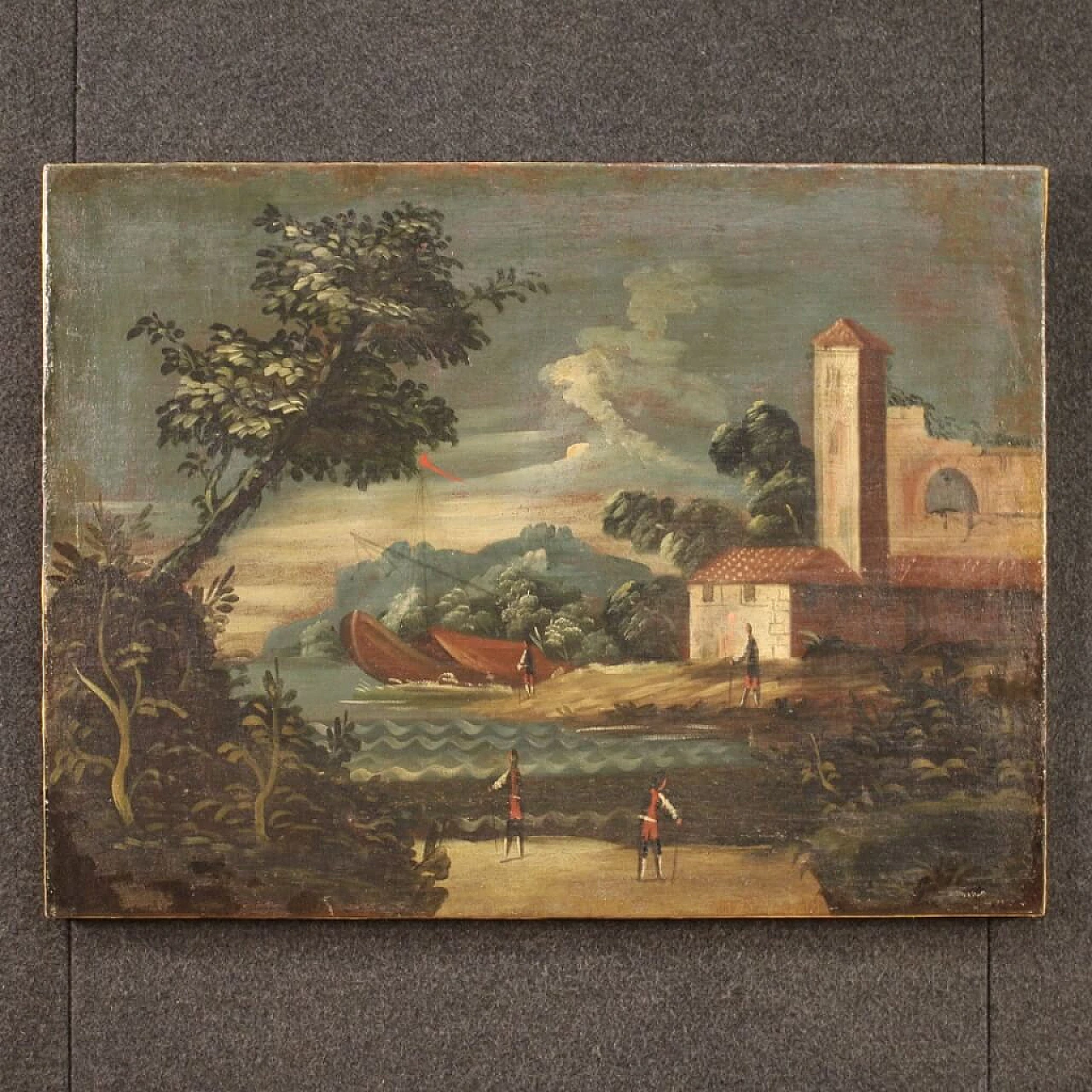 Paesaggio marittimo con edifici e figure, dipinto a olio su tela, '700 6