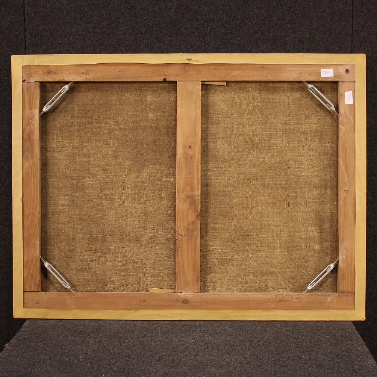 Paesaggio marittimo con edifici e figure, dipinto a olio su tela, '700 7