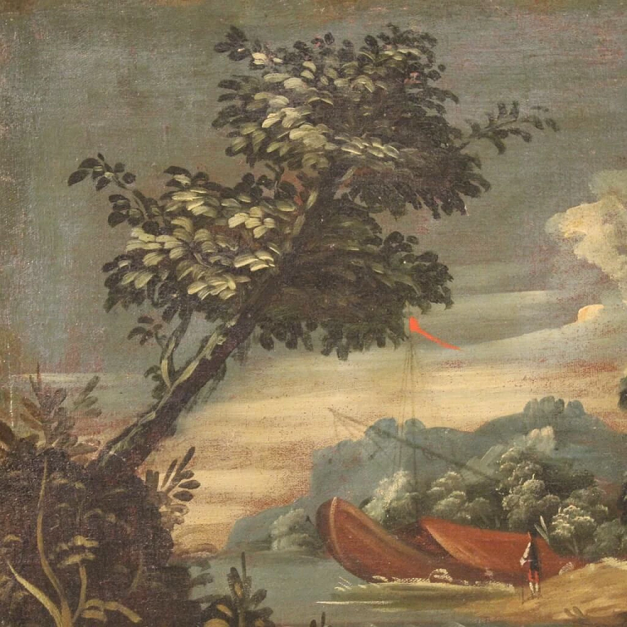Paesaggio marittimo con edifici e figure, dipinto a olio su tela, '700 8