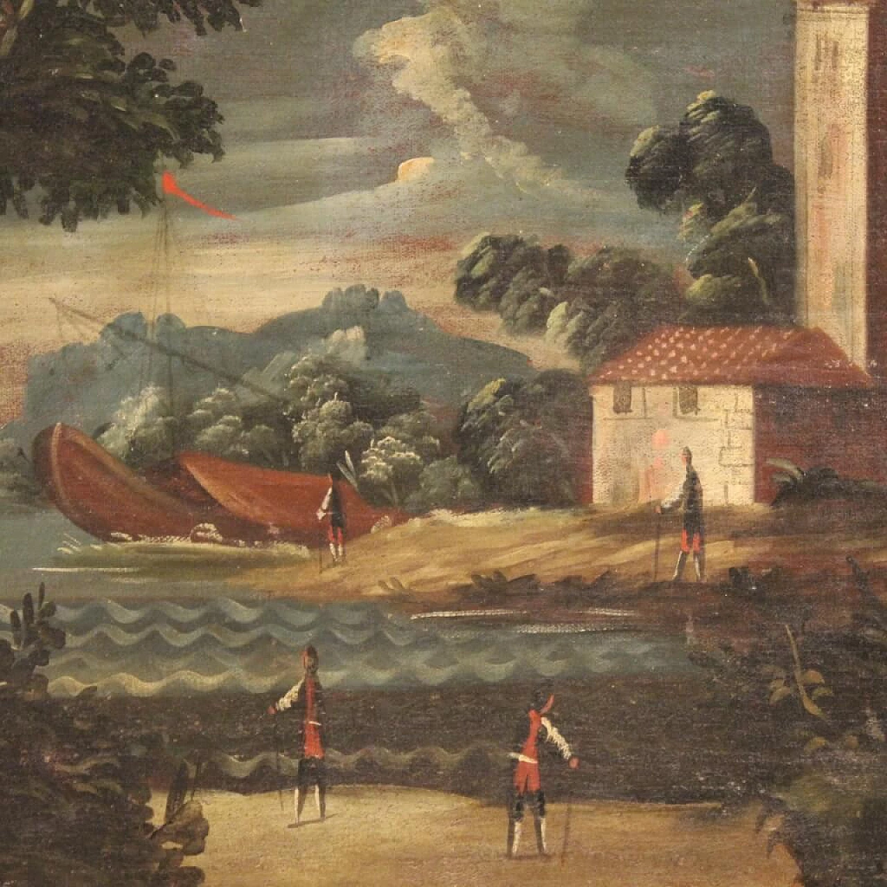 Paesaggio marittimo con edifici e figure, dipinto a olio su tela, '700 9