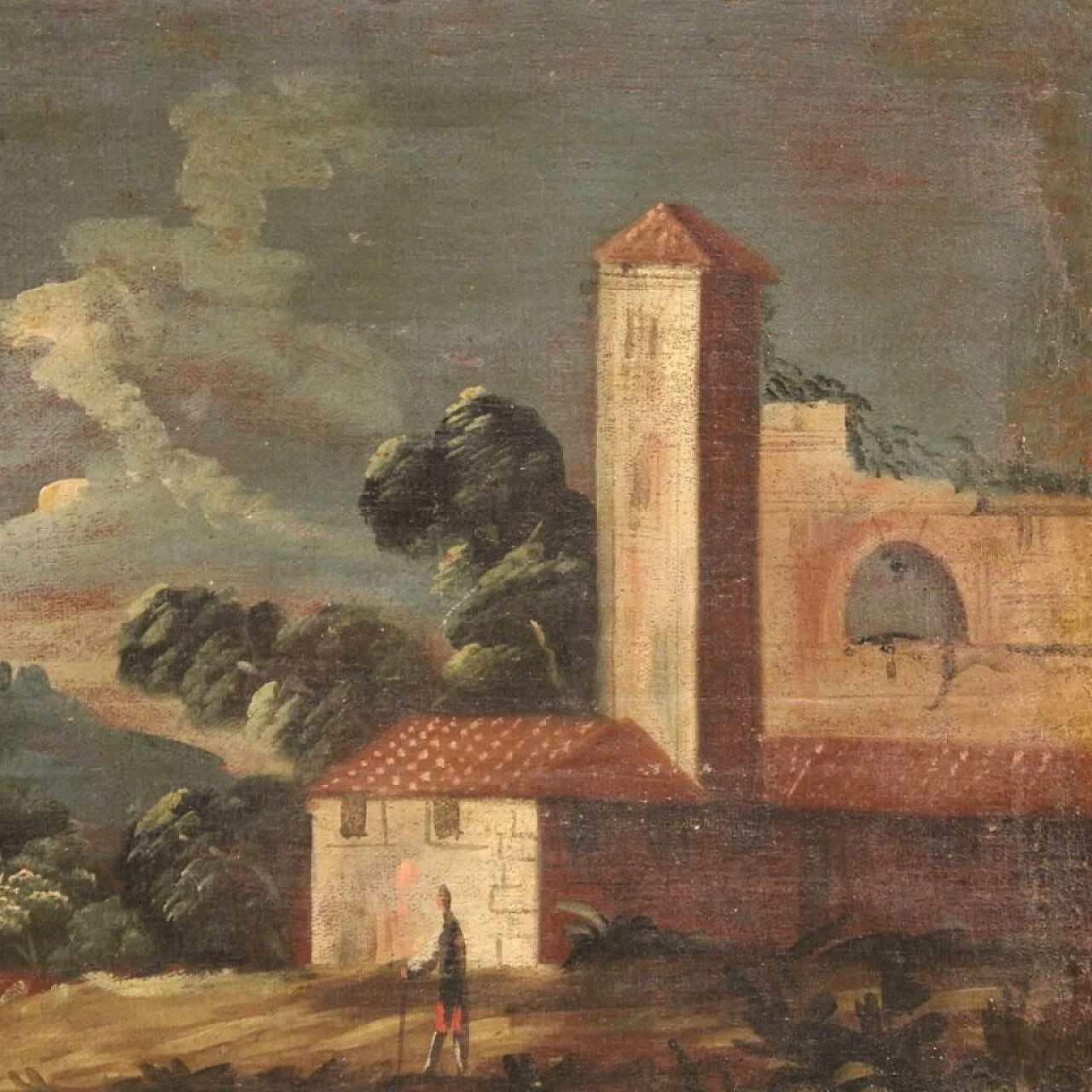 Paesaggio marittimo con edifici e figure, dipinto a olio su tela, '700 10