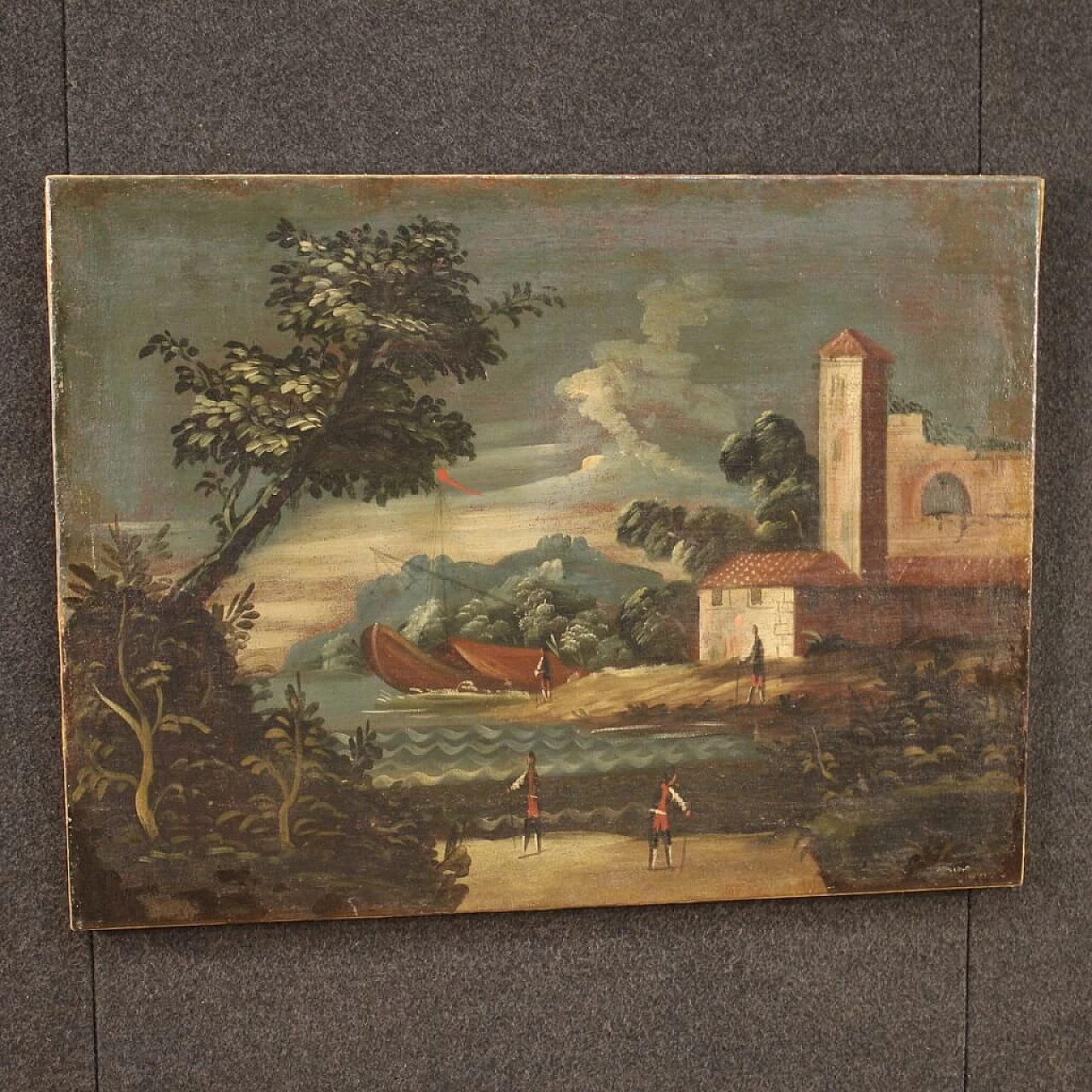 Paesaggio marittimo con edifici e figure, dipinto a olio su tela, '700 11