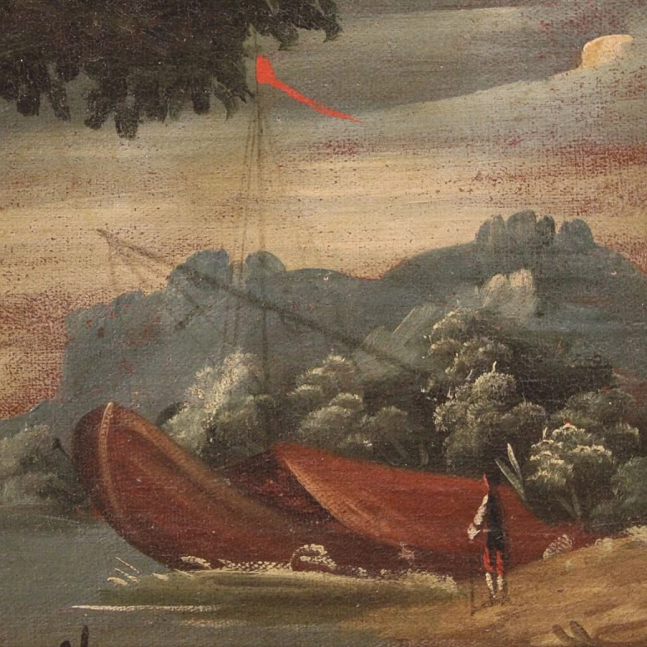 Paesaggio marittimo con edifici e figure, dipinto a olio su tela, '700 12