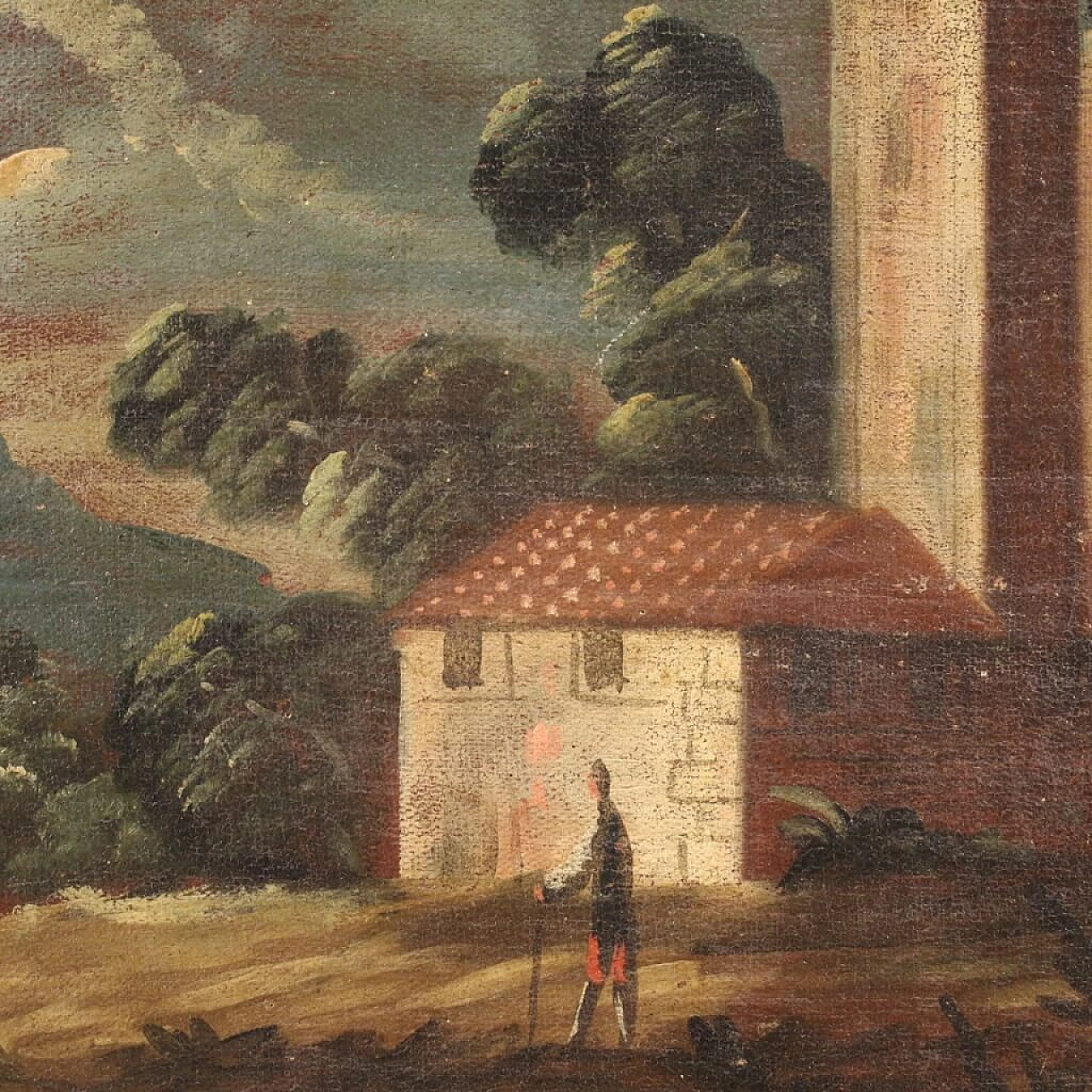 Paesaggio marittimo con edifici e figure, dipinto a olio su tela, '700 15