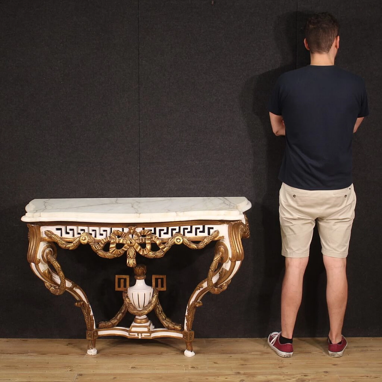 Wooden console table in Louis XV style with marble top, 1980s 4