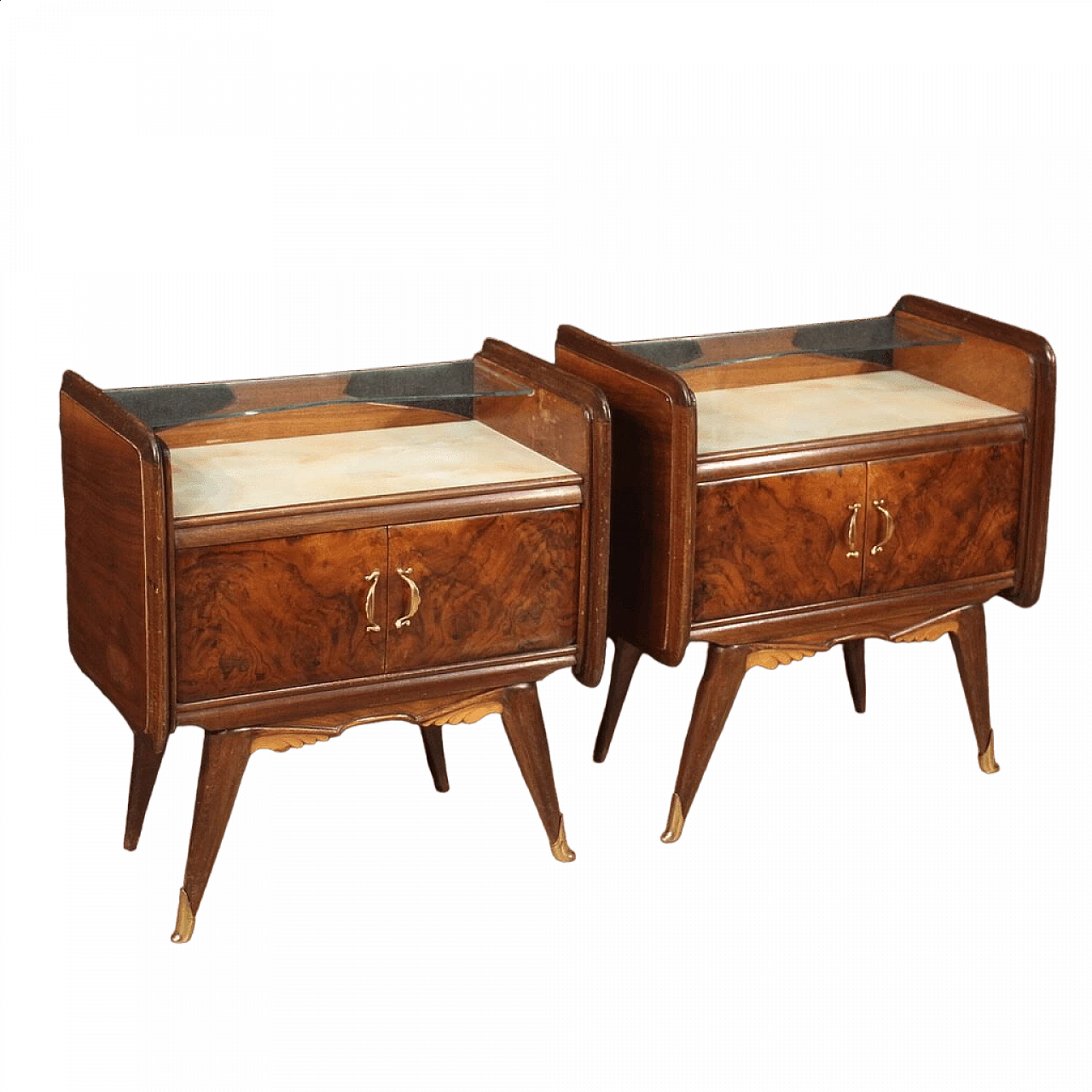 Pair of bedside tables carved and veneered in walnut, briar and fruitwood, 1950s 13