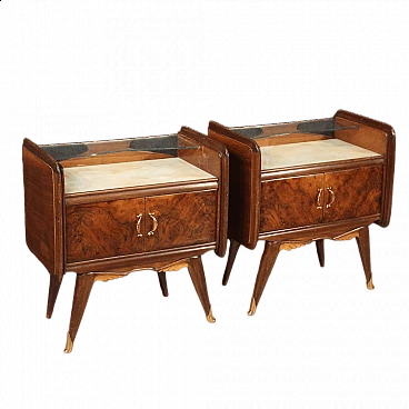 Pair of bedside tables carved and veneered in walnut, briar and fruitwood, 1950s
