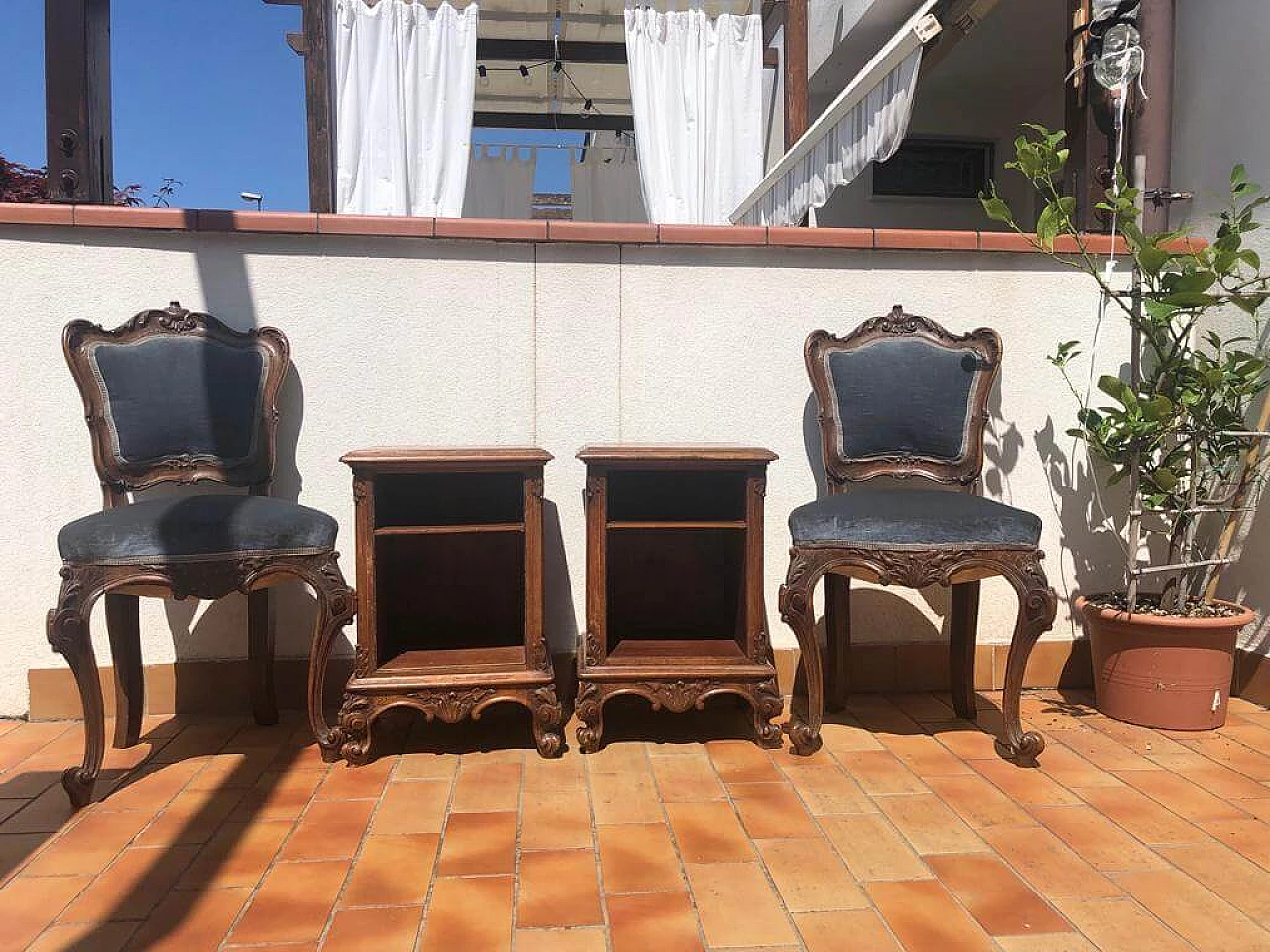 Pair of 18th-century Lombard-style chairs and bedside tables, 1940s 21