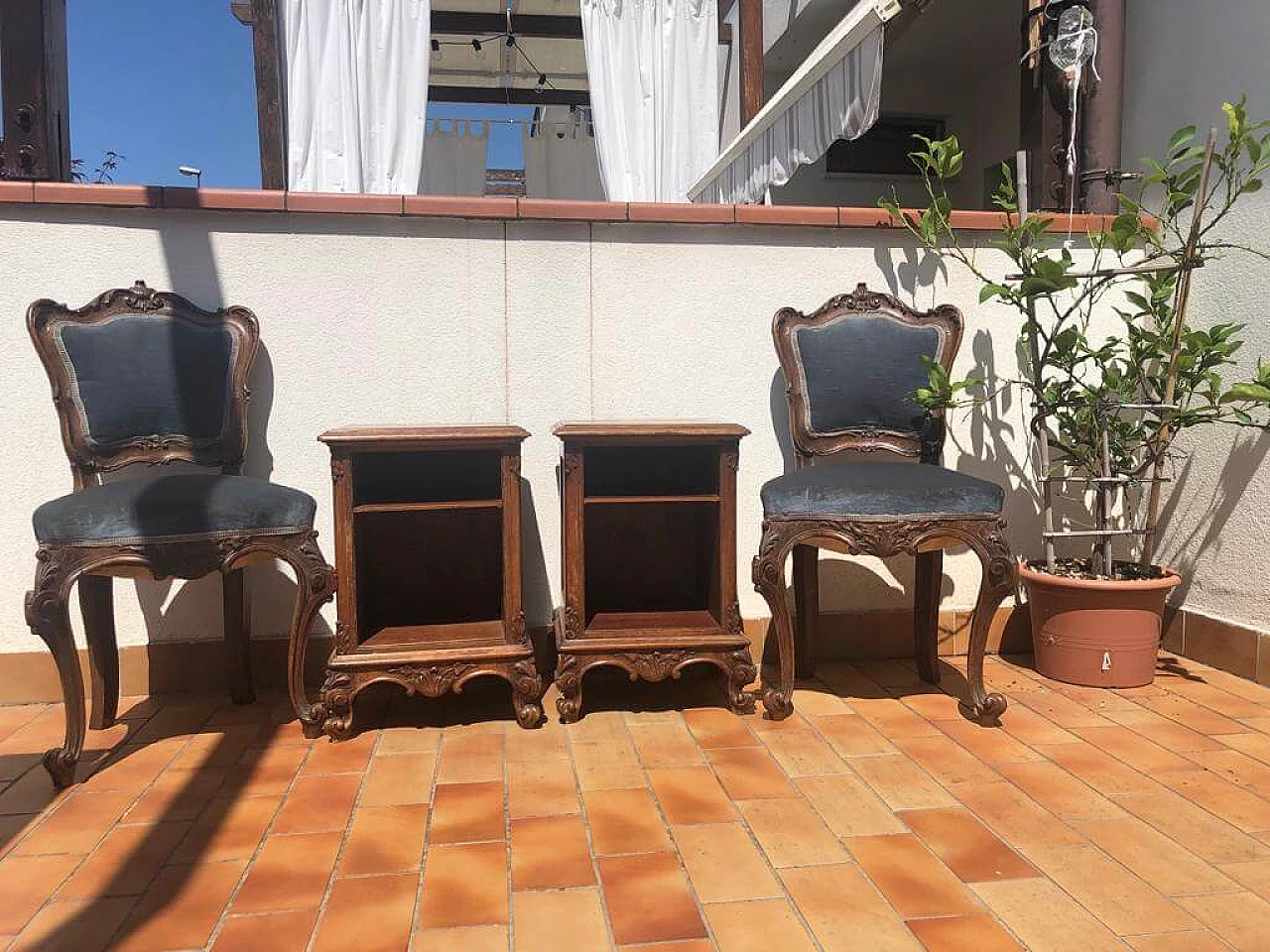 Pair of 18th-century Lombard-style chairs and bedside tables, 1940s 22