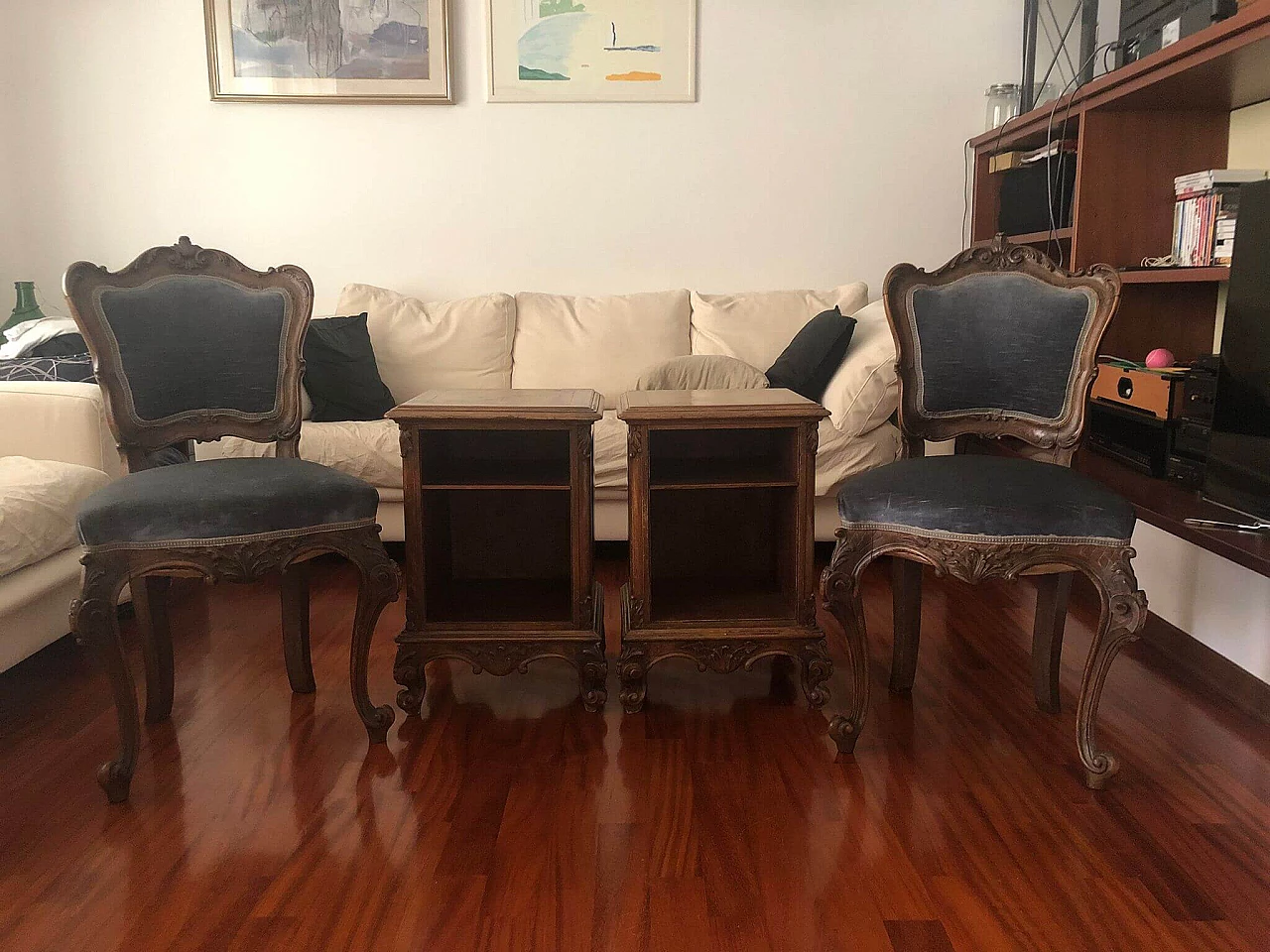 Pair of 18th-century Lombard-style chairs and bedside tables, 1940s 23