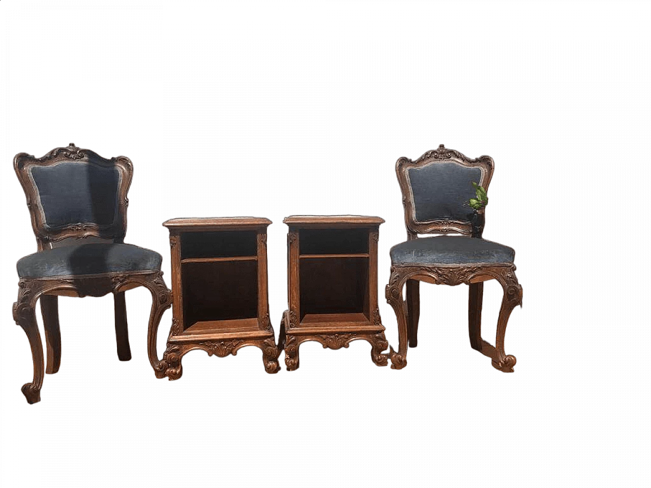 Pair of 18th-century Lombard-style chairs and bedside tables, 1940s 24