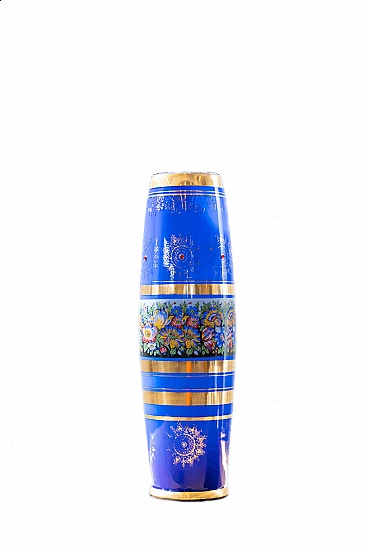 Blue glass vase with polychrome and gilded decorations
