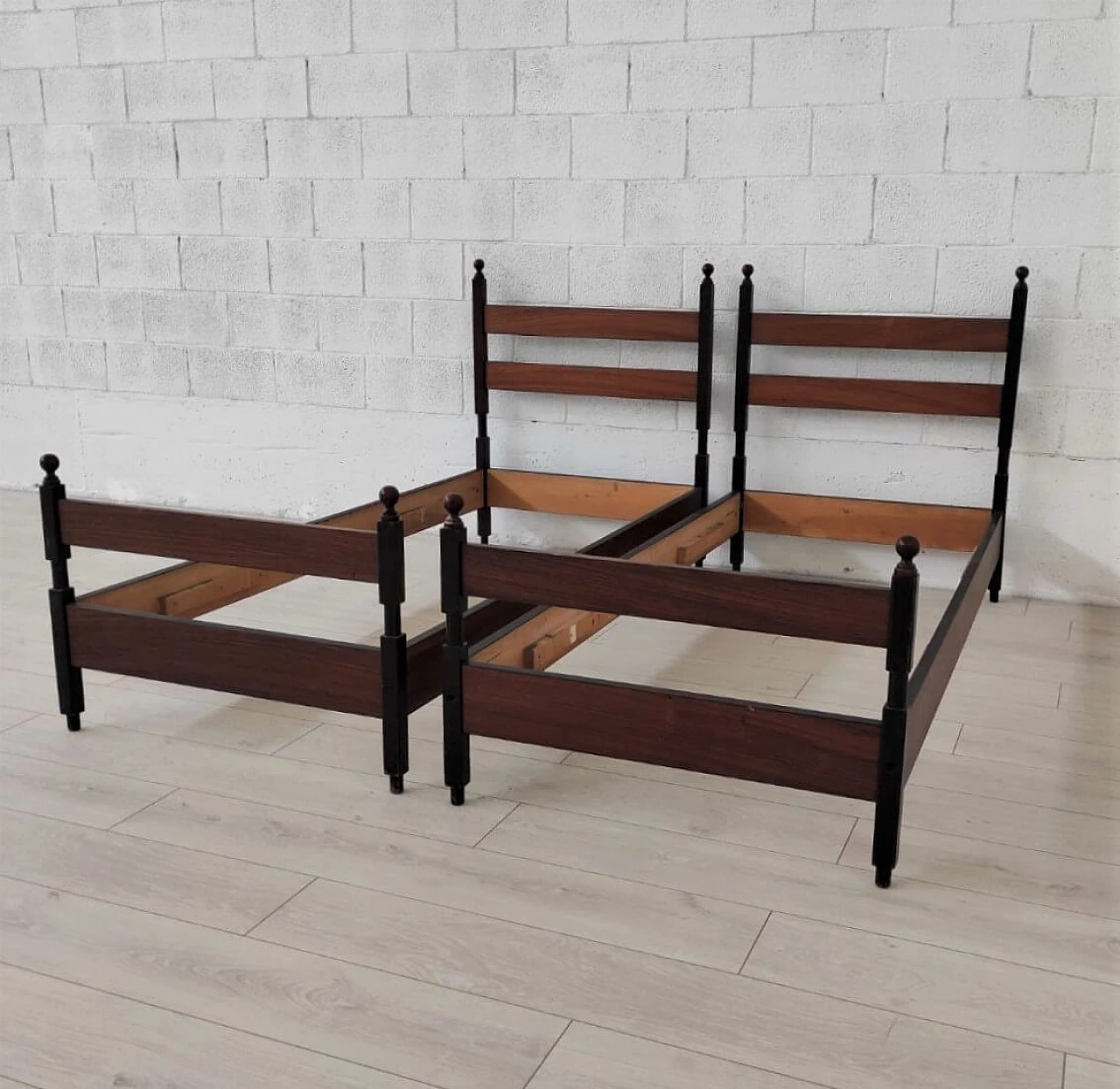 Pair of solid wood single beds convertible into bunk beds, 1960s 3