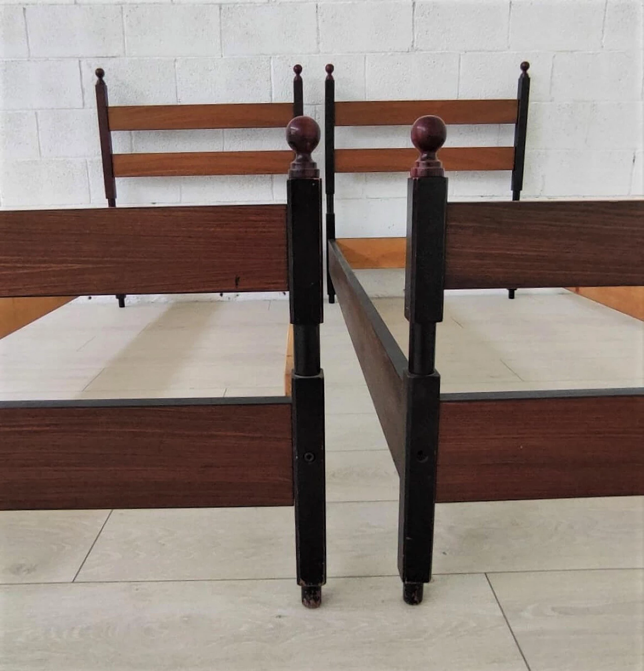 Pair of solid wood single beds convertible into bunk beds, 1960s 4