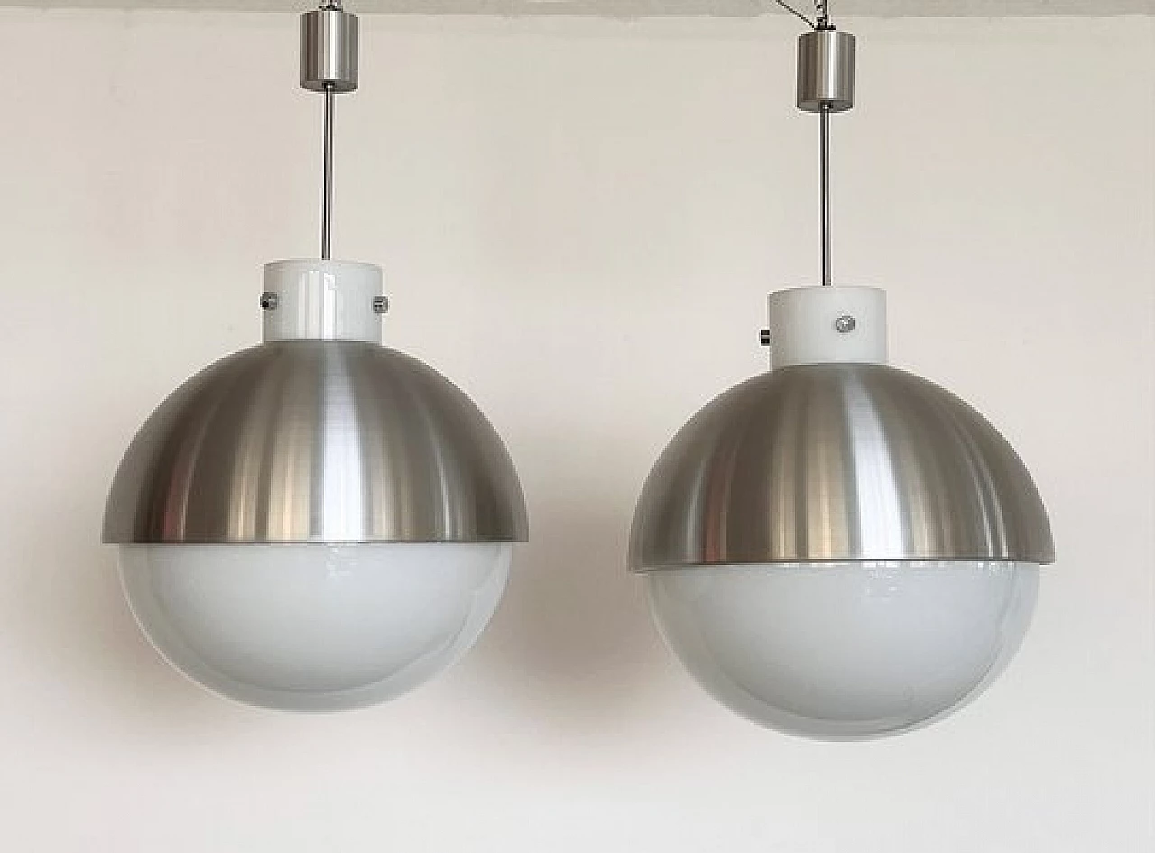 Pair of spherical aluminum and white glass chandeliers from Glashütte Limburg, 1970s 1