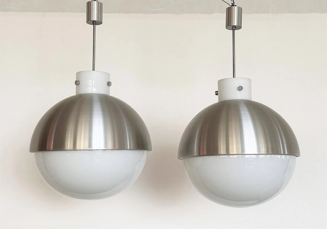 Pair of spherical aluminum and white glass chandeliers from Glashütte Limburg, 1970s 2