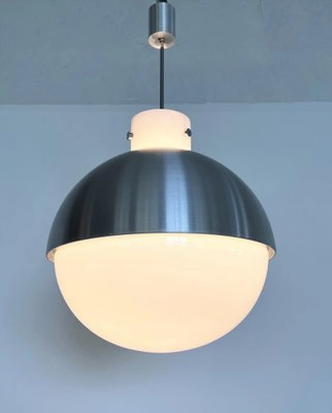 Pair of spherical aluminum and white glass chandeliers from Glashütte Limburg, 1970s 3