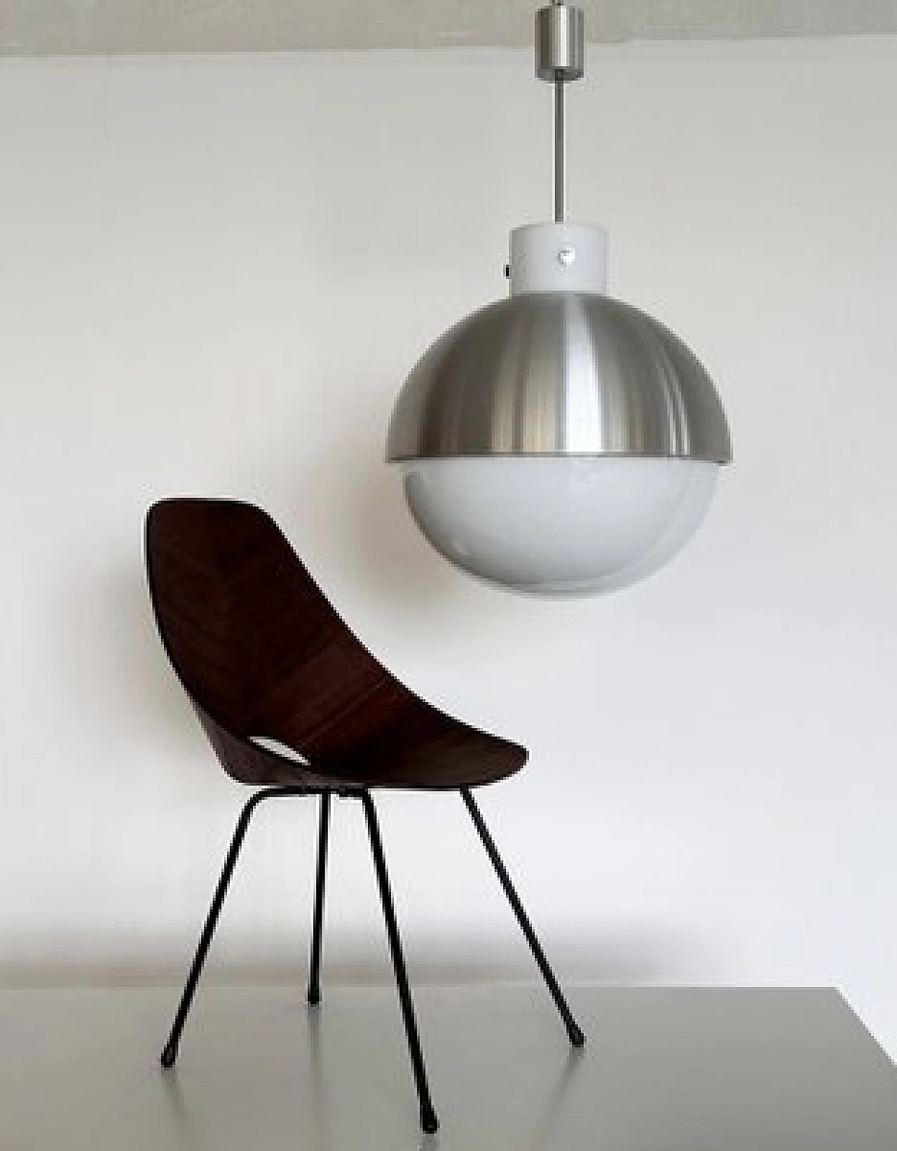 Pair of spherical aluminum and white glass chandeliers from Glashütte Limburg, 1970s 6