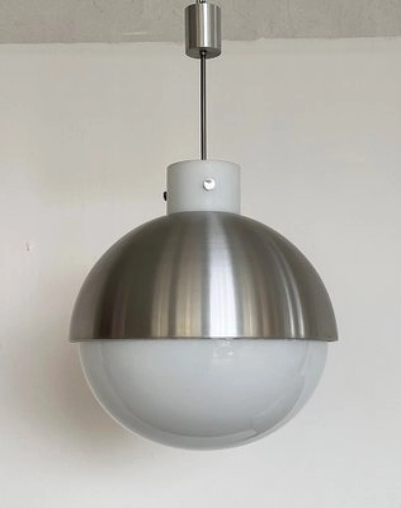 Pair of spherical aluminum and white glass chandeliers from Glashütte Limburg, 1970s 7