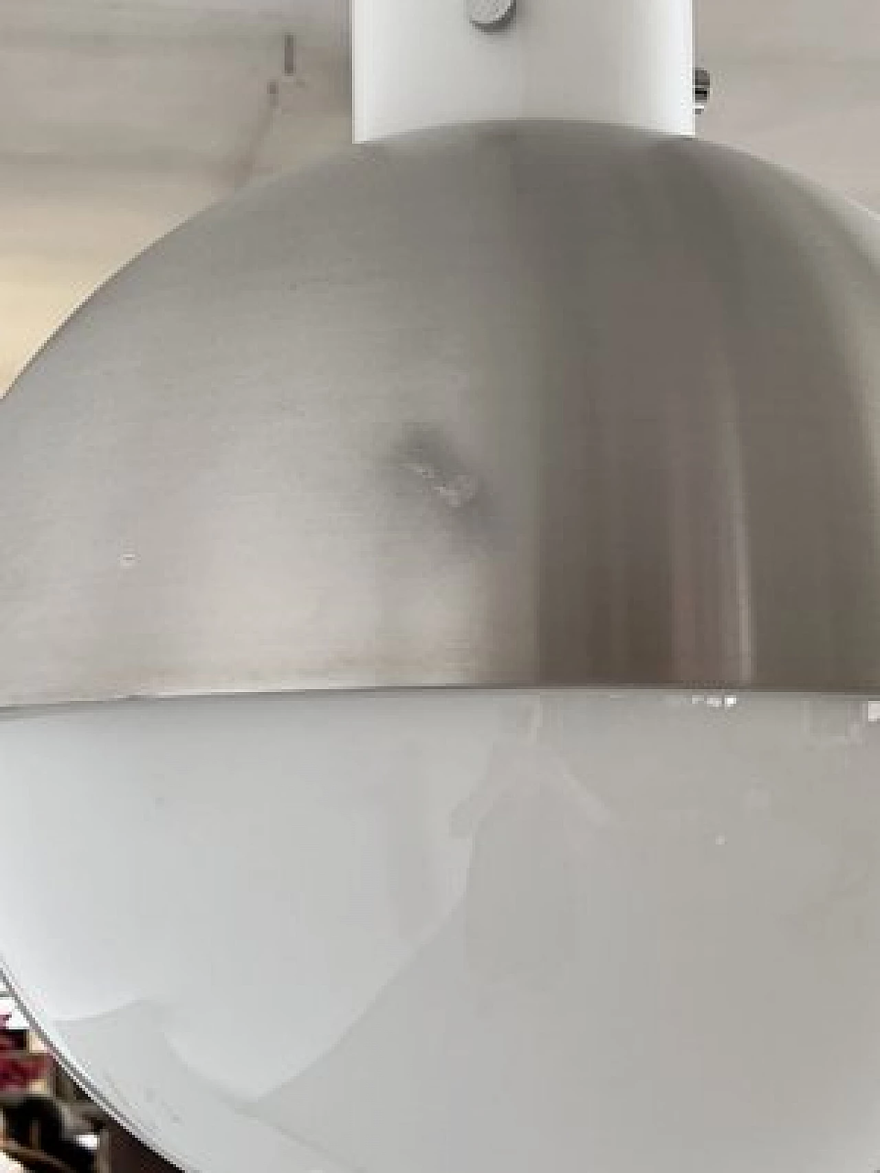 Pair of spherical aluminum and white glass chandeliers from Glashütte Limburg, 1970s 8