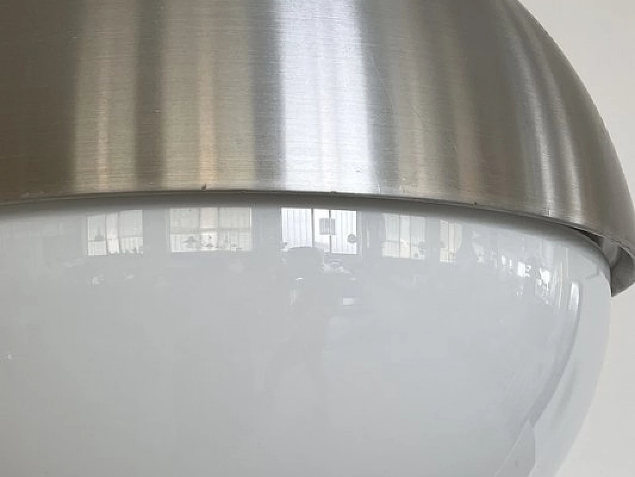 Pair of spherical aluminum and white glass chandeliers from Glashütte Limburg, 1970s 9