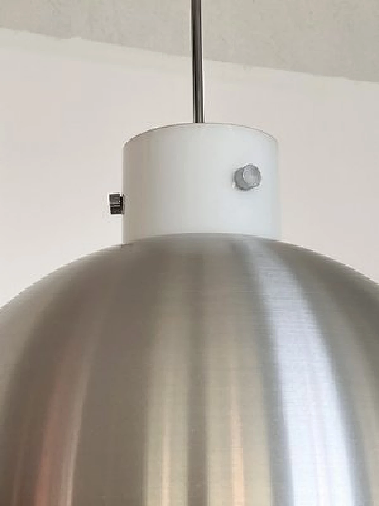Pair of spherical aluminum and white glass chandeliers from Glashütte Limburg, 1970s 10