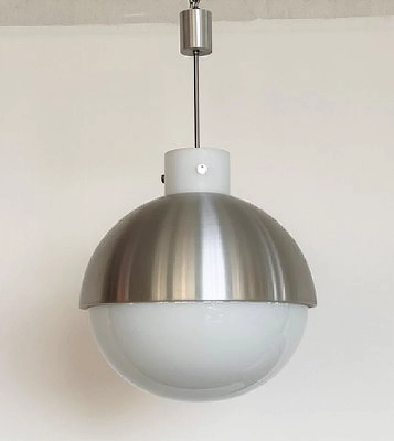 Pair of spherical aluminum and white glass chandeliers from Glashütte Limburg, 1970s 11