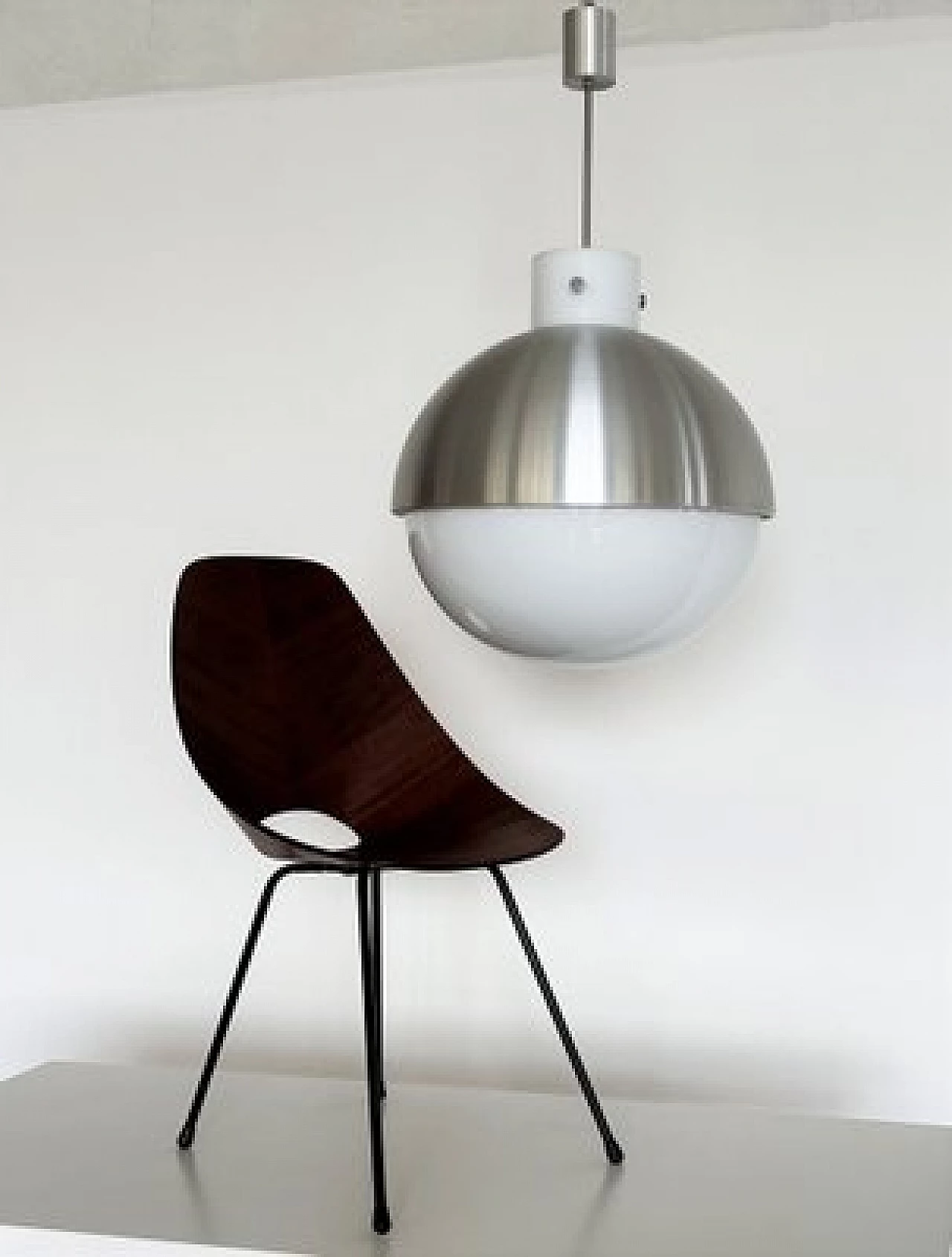 Pair of spherical aluminum and white glass chandeliers from Glashütte Limburg, 1970s 13